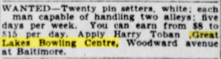 Great Lakes Bowling Centre - October 1942 Needing Pin Setters (newer photo)